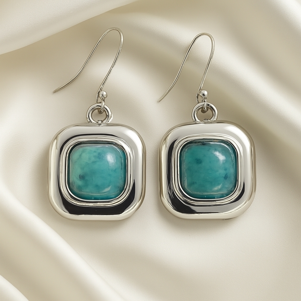 Polished Turquoise Square Drop Earrings – Hypoallergenic Elegant Jewelry - 1.5"